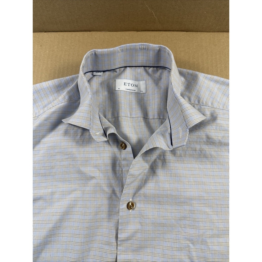 ETON Shirt Mens 16.5 42 Blue Check Contemporary Fit Twill Dress Cotton